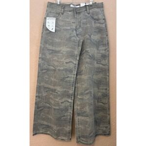 Refrain Los Angeles NWT Camo Printed Wide Leg Denim Jeans Sz 9/29 Grunge Boho